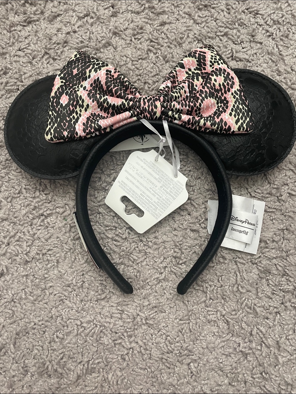 Disney Loungefly Black Minnie Mouse Ears with Pink Snake-Print Bow
